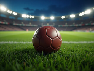 Fototapeta premium classic leather soccer ball resting on a lush green field, with stadium lights illuminating the background