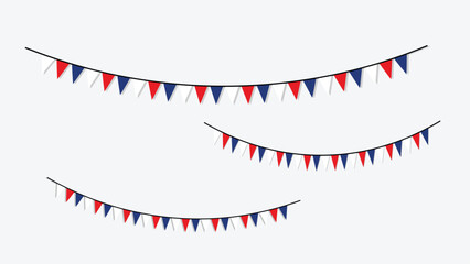 Fototapeta premium Red White and Blue Pennant Bunting Flags Hanging on String Isolated on White Background