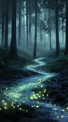Obraz premium Glowing stream flows through a dark, misty forest.
