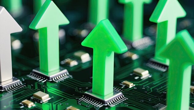 Technology Growth: Green Arrows on a Circuit Board Symbolizing Progress - Powered by Adobe