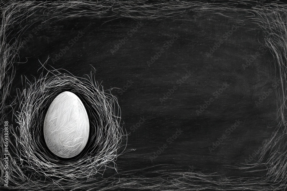 Poster hand-drawn egg nestled in a sketch of a nest on a chalkboard background in a creative artwork settin