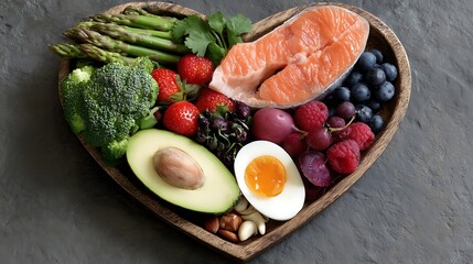 Nutritional food for heart health wellness by cholesterol diet and healthy nutrition eating with clean fruits and vegetables in heart dish by nutritionist .