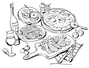 Stylish illustration of Italian cuisine - pizza, pasta, wine