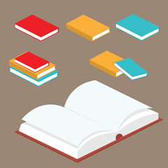 Colorful Stack and Open Book Illustration Isolated on Brown Background