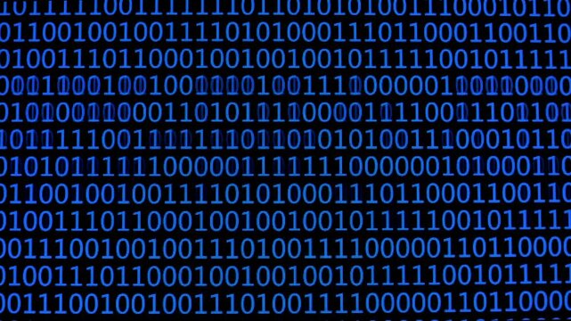 A close-up of a screen displaying binary code in blue on a black background, representing digital data, computing, and encryption concepts.
