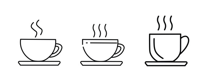 Minimalist Line Art of Steaming Coffee Cups on Saucers – Isolated on White Background
