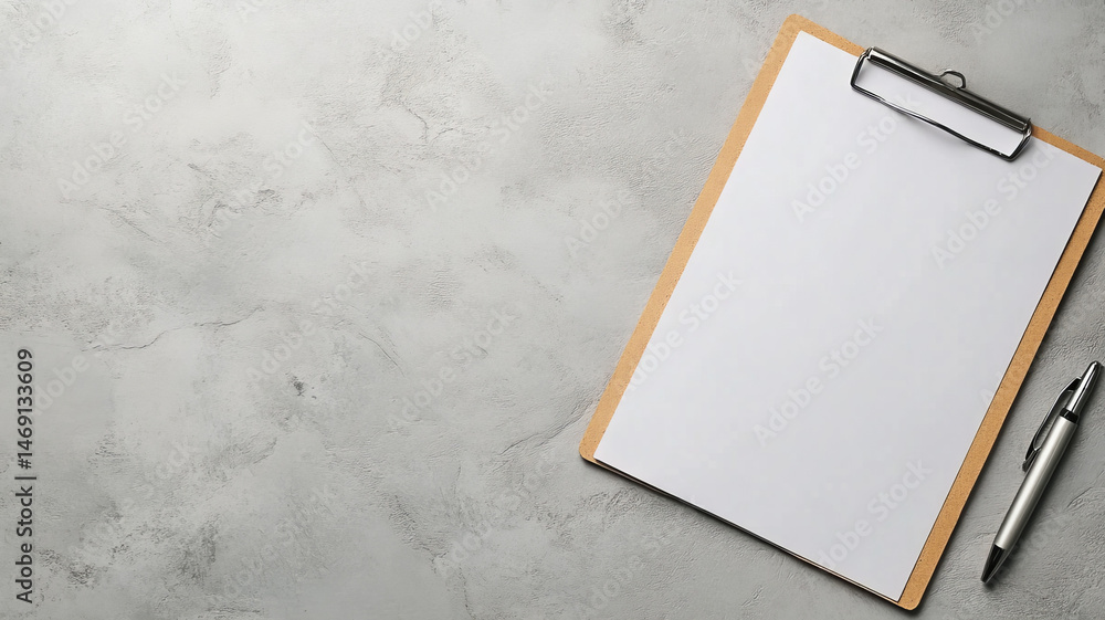 Poster clipboard with blank sheet of paper and pen on textured surface creates minimalist workspace