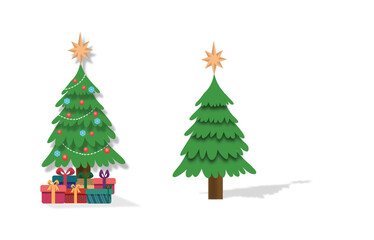 Decorated and Undecorated Christmas Tree with Star and Gifts Isolated on White Background