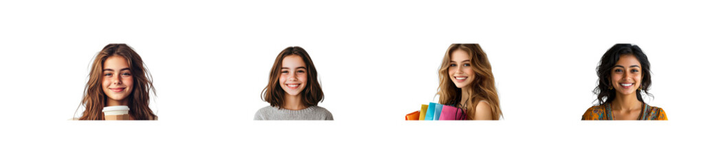 Diverse women portraits with retail bags and drink, cut out transparent