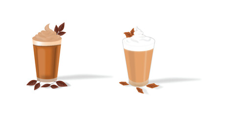 Autumn Coffee Drinks with Whipped Cream and Fall Leaves Isolated on White Background