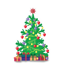 Colorful Decorated Christmas Tree with Presents and Star Topper Isolated on White Background