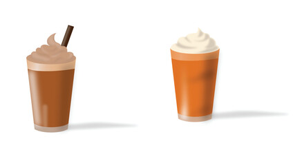 Iced Chocolate and Coffee Beverages with Whipped Cream Topping Isolated on White Background