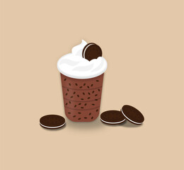 Chocolate Cookie Shake with Whipped Cream and Sandwich Cookies Isolated on Beige Background
