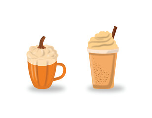 Pumpkin Shaped Autumn Drink and Creamy Takeaway Coffee Cup with Cinnamon Stick Isolated on White Background