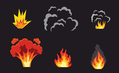 Set of Cartoon Fire, Smoke, and Explosion Icons on Dark Background