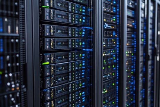Server racks filled with network equipment, glowing lights