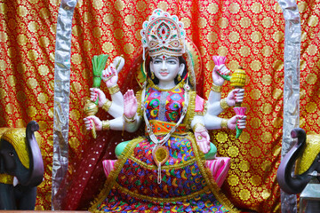 Goddess Lakshmi with Eight Arms in Traditional Indian Art, Hindu Deity of Wealth and Prosperity,...