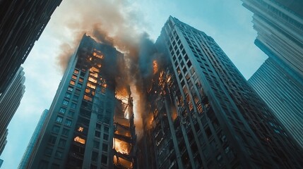Fototapeta premium Inferno in the City: A Skyscraper Engulfed in Flames and Billowing Smoke