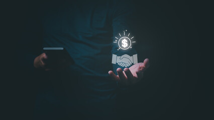 A businessman or trader shows the completion of a trade or business agreement, connection, communication, and exchange in the stock market or digital asset trading, planning, and strategy