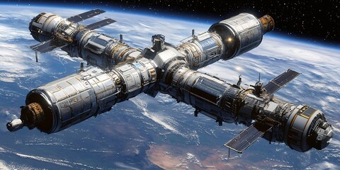 Futuristic orbital station in space with details, against the backdrop of earth