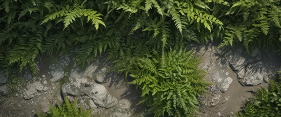 Emerald moss blankets weathered stone, delicate ferns unfurl ,  nature,  detail,  organic