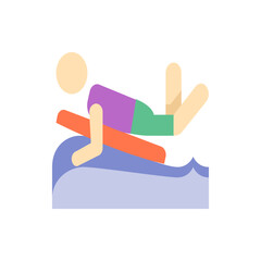 Illustration of a person lying on a surfboard in the water with a purple shirt and green shorts on a wave