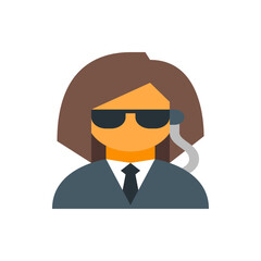 Illustration of a secret agent with sunglasses, earpiece, tie and brown hair in a suit and orange skin
