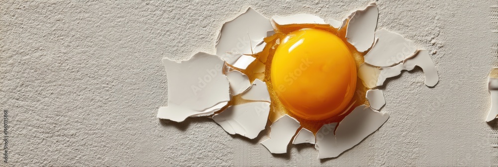 Poster close-up view of cracked egg with bright yolk on soft neutral surface highlighting texture and color
