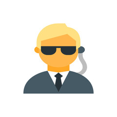 Illustration of a man with blond hair wearing sunglasses suit and tie and a security headset on a white background
