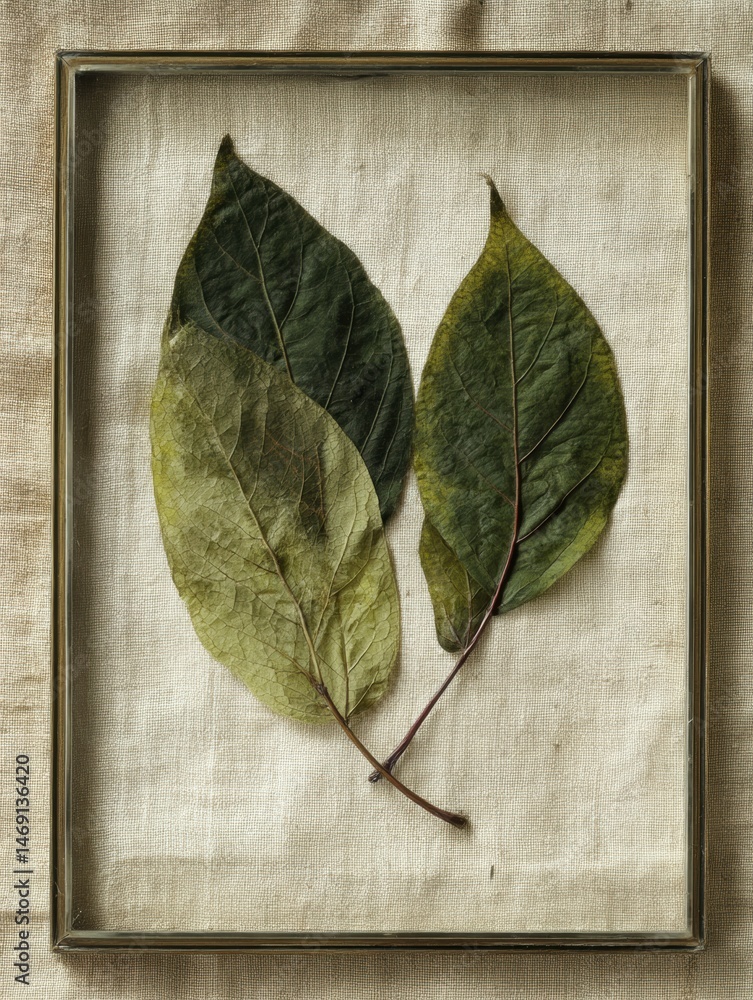 Poster pressed leaves in glass frame showcased on linen cloth create a serene and natural display of art ge