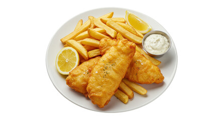 Crispy fried fish and chips served on a plate. isolated on transparent png