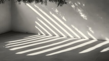 Abstract Interior White Room with Sunlight Beams Through Window Creating Shadow Patterns on Wall and Floor Minimalist Design Bright and Geometric