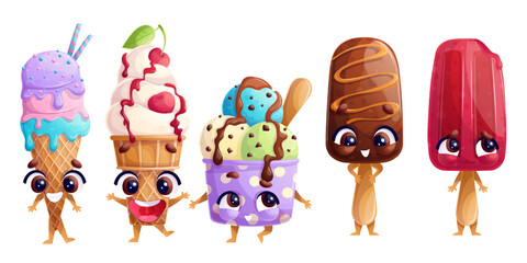 A set of cute smiling ice cream and popsicle characters. The concept of a children's party, bakery. Isolated vector illustration for the design of postcards, invitations, posters, banners