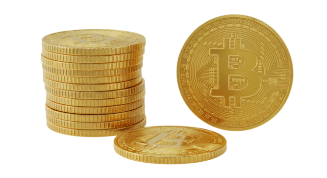 Isolated Stack of Golden Bitcoin Coins with Single Coin - Powered by Adobe