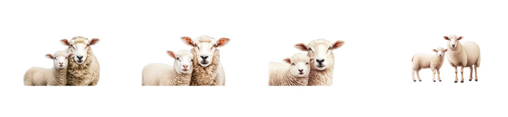 Fototapeta premium Fluffy sheep and lamb pairs on set, livestock portraits, cut out transparent