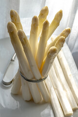 Dutch farmers high quality products, washed and peeled fresh white asparagus, seasonal vegetarian food