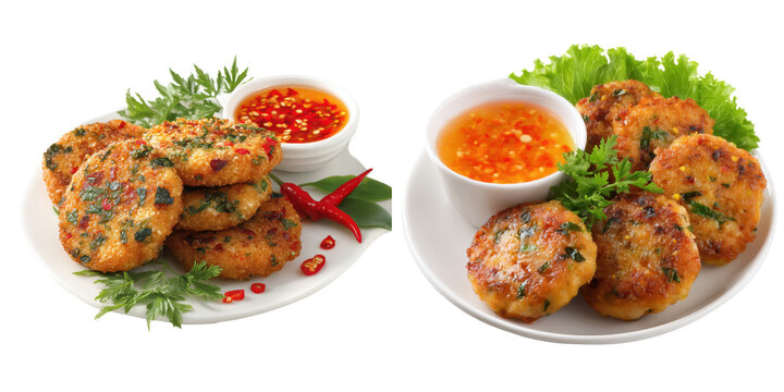 Thai Fish Cake, Spiced fish patties with herbs and sweet chili sauce, Popular Snack, isolated on white background or Transparent PNG