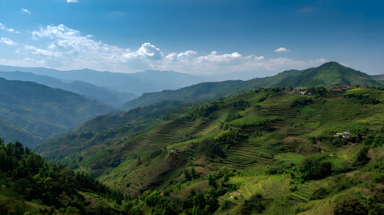 Naklejka premium Elevated view of terraced green hills under a clear sunny sky