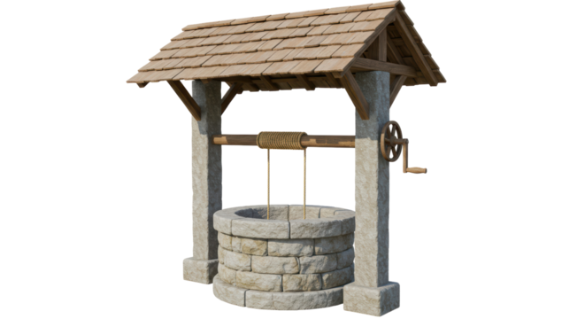 Isolated Stone Water Well with Wooden Roof and Pulley System