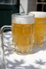 Belgian beer in glasses in old brewery in Bruges, light or dark, tasty beverage, lunch with beer, tourist destination, Flanders, Belgium
