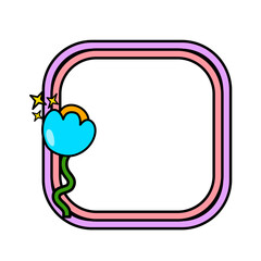 Retro rainbow frame. Square pop retro frame. Pop retro groovy frame with retro flowers.