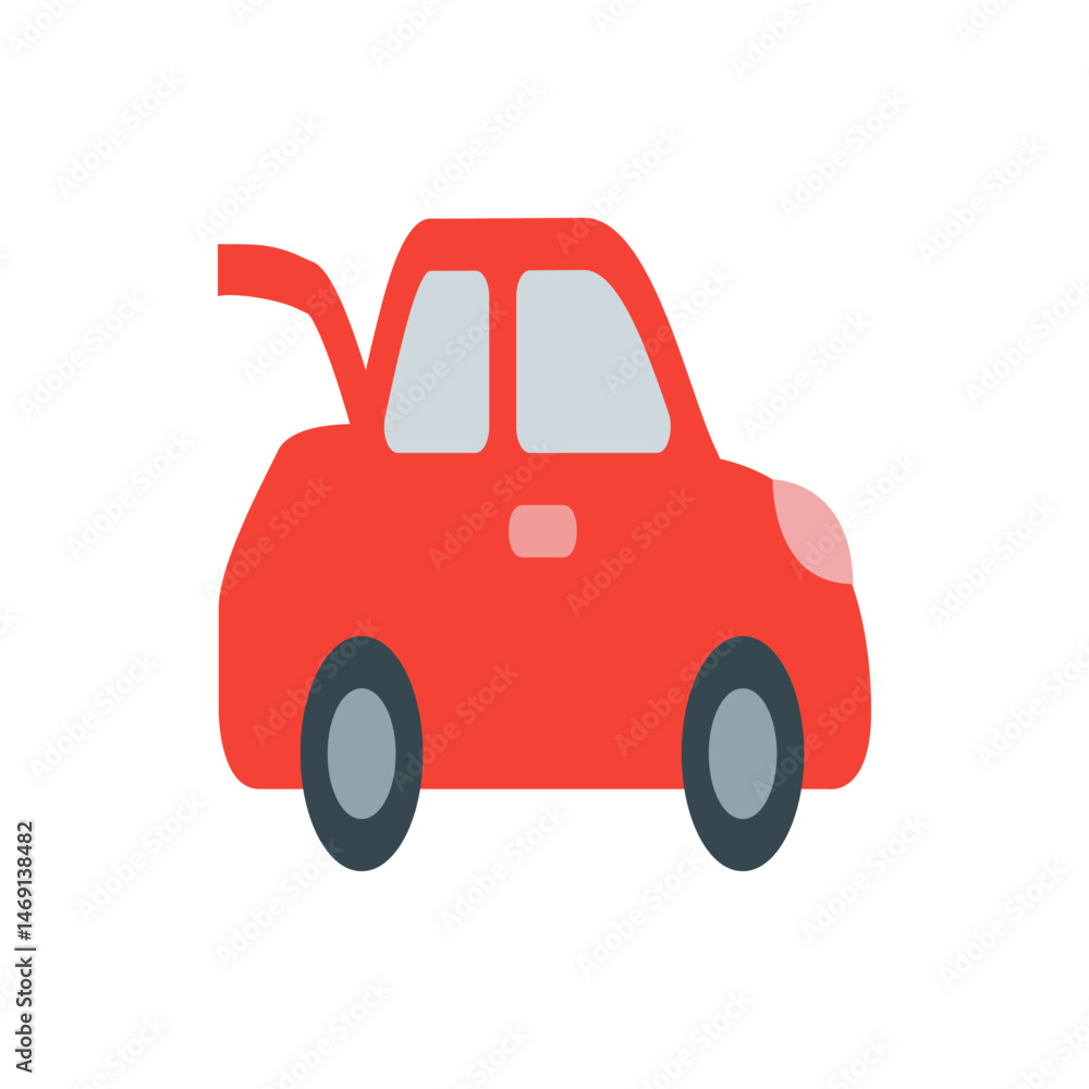 Poster illustration of a red car with an open trunk and gray tires on a white background in side view style