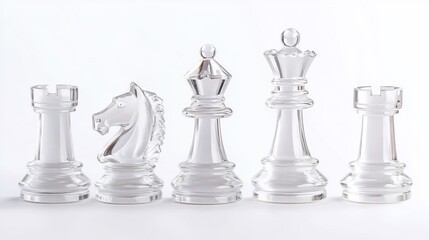 Elegant glass chess pieces in a row on a clean white background display