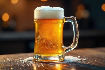 A frosty mug of amber festival beer, foam cascading down the side , stout, autumnal, seasonal