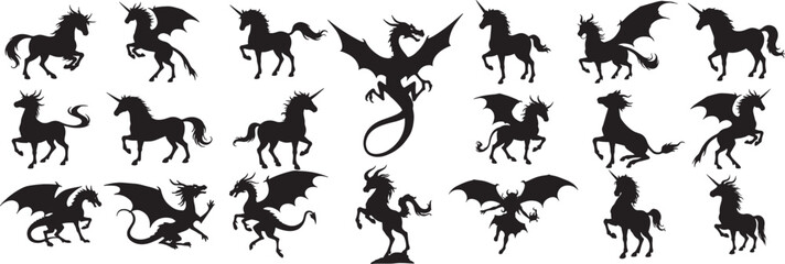 Collection of unicorn and dragon silhouettes in various poses on a white background graphic design © DesignVirtuoso
