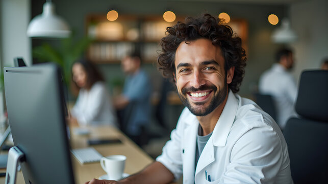 Curly-haired man smiling in busy café interior
