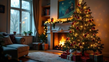 A sparkling Christmas tree adorned with ornaments and twinkling lights sits in a cozy living room , xmas, ribbon