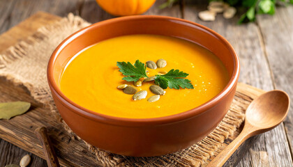 Generated image Bowl of pumpkin soup on rustic wooden background hyper realistic