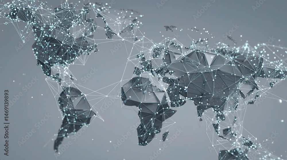 Poster futuristic digital world map with triangle networks and connections