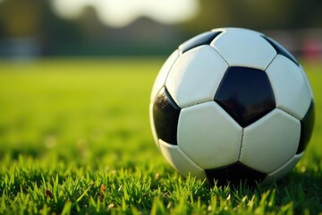 Fototapeta premium Close-up of a soccer ball, laces visible, on a grassy field , game, laces, hobby